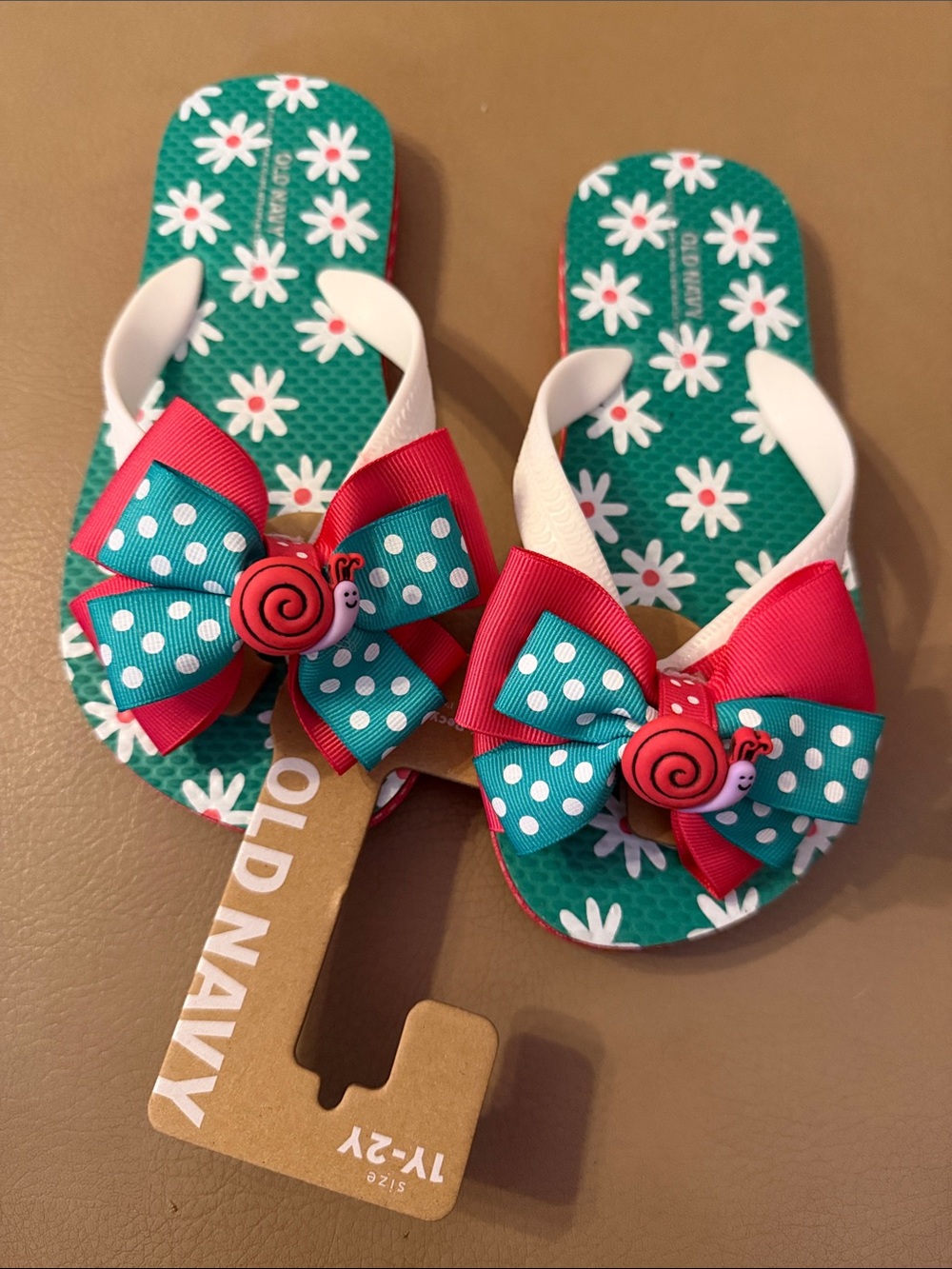 Old Navy Girls Teal Daisy Flip-Flops with Red Polka-Dot Bow